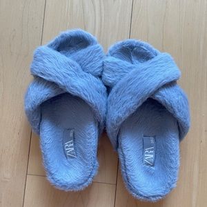 Zara FAUX FUR SLIDE SLIPPERS BLUE